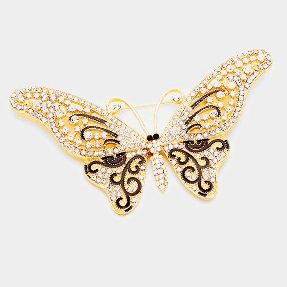 Gold & Black Crystal Butterfly Brooch Pendant Pin Statement Fashion Jewelry - Picture 1 of 2